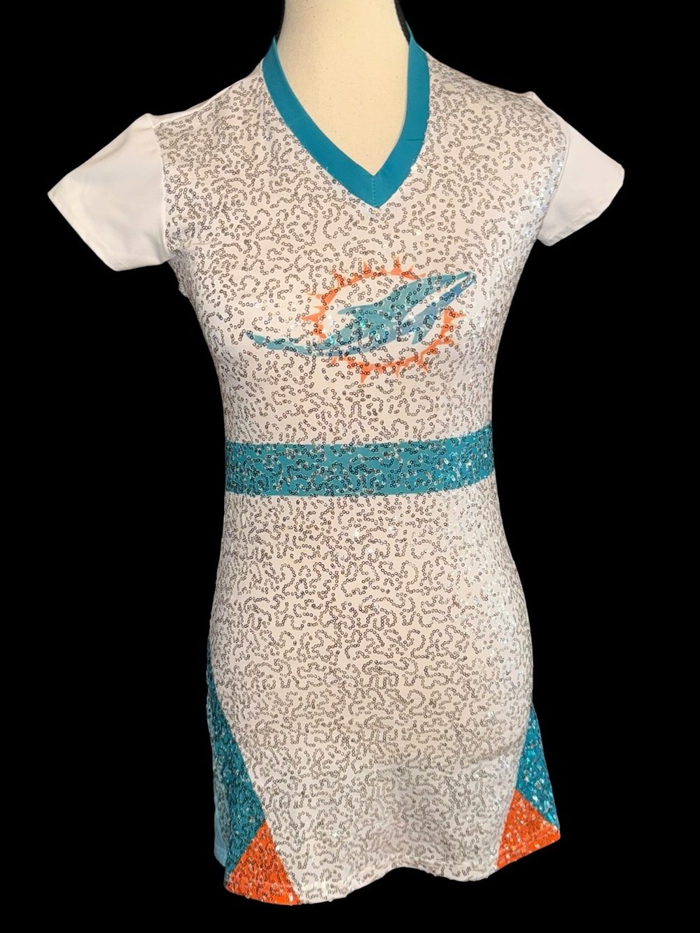 Meesports Miami Dolphins Sequin Mini Dress XS NFL Football Aqua Orange Game Day